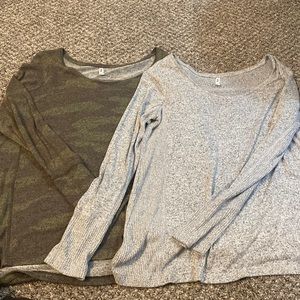 Two Mudd sweaters. Camouflage and Grey. Size Large.